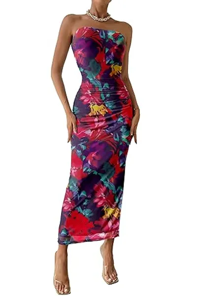 PRETTYGARDEN Women's Summer Maxi Bodycon Dresses Strapless Tube Top Printed Long Party Club Slit Dress - Navy Red Big Floral - Medium