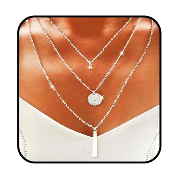 Yalice Multi-Layered Disc Necklace Chain Bar Drop Pendant Necklaces Coin Jewelry for Women - Silver