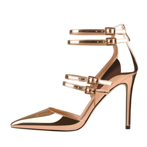Golden Pointed Toe Double Buckle Strap High Heels Pumps | Rose Gold / US15