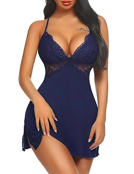 Avidlove Women Lingerie Lace Chemise Sleepwear Babydoll Teddy Lingerie - A-blue - Medium