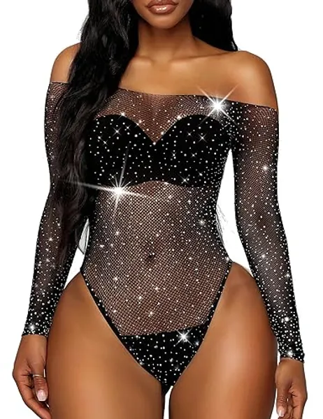 RSLOVE Women Lingerie Fishnet Bodysuit Sparkle Rhinestone Sexy Mesh Teddy Lingerie - One Size - Black