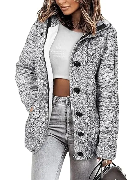 Sidefeel Women Hooded Knit Cardigans Button Cable Sweater Coat - Large K-amy Green