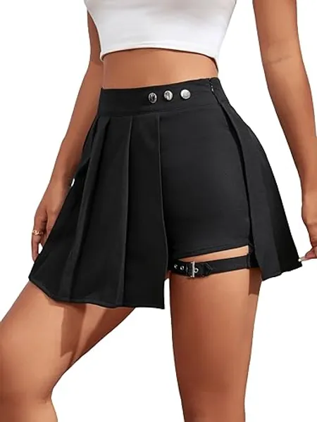 WDIRARA Women's High Waist Pleated Button Skort Asymmetrical Skirt Shorts - Large Petite - Black Plain