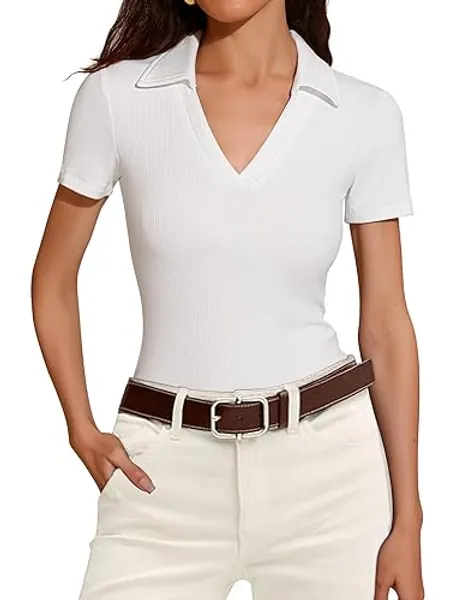 Meetrendi Womens Short Sleeve Business Casual Tops Summer V Neck Polo Work Shirts 2025 Fitted Basic Collared Shirt - Medium - White