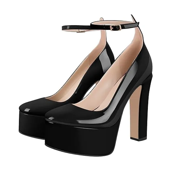 VERISSON Round Toe Mary Jane Adjustable Buckle Strap Platform Chunky Heels Pumps Patent Leather High Heel Party Shoes