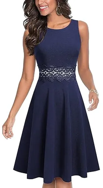 HOMEYEE Women's Cocktail A-Line Embroidery Casual Party Summer Wedding Guest Dress A079 - Dark Blue - 6