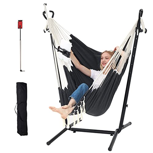 Hammock Chair with Stand Double Hammock Chair Bohemian Style with Tassel Phone Stand Handmade Adjustable Swing Indoor Outdoor Patio Garden Porch with footrest can Lie Down Capacity 400 pounds (Black)