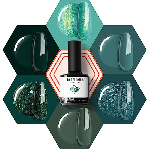 modelones Ethereal Green Gel Nail Polish Set - 6 Colors Mermaid Lagoon Gel Polish Kit Dark Green Glitter Turquoise Soak Off Gel Polish St.Patrick's Day Home Easter Gifts DIY Salon for Women - A-0 Mermaid Lagoon