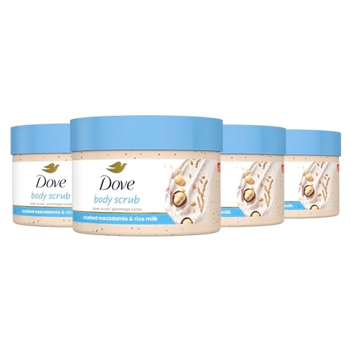 Dove Exfoliating Body Polish Scrub Reveals Visibly Smoother Skin Macadamia & Rice Milk Body Scrub That Nourishes Skin, 10.5 oz, 4 Count - Crushed Macadamia and Rice Milk - 10.5 Ounce (Pack of 4)