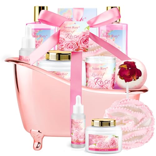 Mother Gift Bath Set for Women, Luxury Home Spa Kit Rose Bath Gift Basket 9Pcs, Includes Shower Gel, Body Lotion, Bath Salts, Bath Bomb, Spa Candle, Relax Bath Puff and More, Christmas Gift for Her - Rose