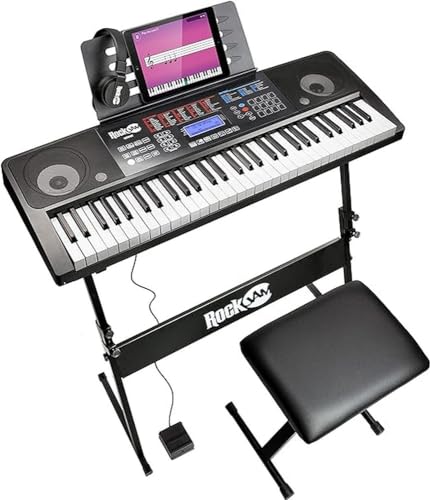 RockJam 61 Key Touch Display Keyboard Piano Kit with Digital Piano Bench, Electric Piano Stand, Headphones Piano Note Stickers, Sustain Pedal & Simply Piano Lessons - Keyboard Piano Kit with Midi & Sustain Pedal