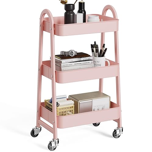 OLIXIS 3 Tier Utility Rolling Cart, Metal Mobile Storage Shelf with Lockable Caster Wheels, Organization for Livingroom, Bathroom, Kitchen, & Narrow Places, Pink - Pink