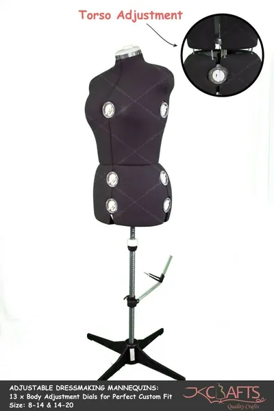 Adjustable Dress Form Sz 8-14 Black 8 Parts 13 Dials Sewing Mannequin Adjustable Dressmakers Mannequin Dressmakers Dummy Model Tailors Adjustable Mannequin Brand JKCraft