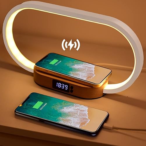 Lampe de Chevet Chargeur sans Fil, Tactile avec Port USB, Chargeur Induction avec L'horloge, Lampe de Table avec 3 Modes de Couleur et Intensité Variable, Bois&Blanc - Blanc + Horloge