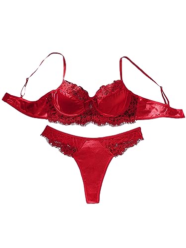 Verdusa Women's Floral Lace Bow Knot Underwire Thong Satin Lingerie Set - Medium - Red