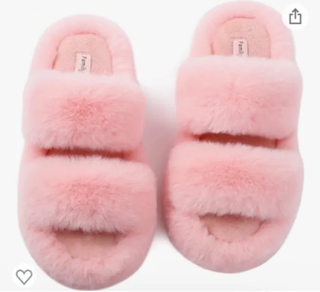 Amazon.com | FamilyFairy Women's Fluffy Faux Fur Slippers Comfy Open Toe Two Band Slides with Fleece Lining and Rubber Sole (Middle / 7-8, Pink) | Slippers