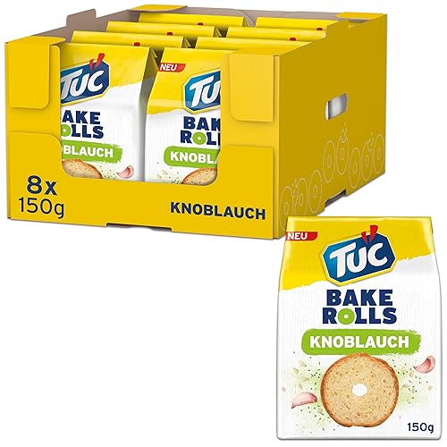TUC Bake Rolls Knoblauch 8 x 150g I Knusprige Brotchips I Knabbergebäck Chips Großpackung