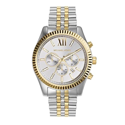 Michael Kors Lexington Watch for Men, Chronograph Movement with Stainless Steel or Leather Strap - Silver Tone and Gold Tone