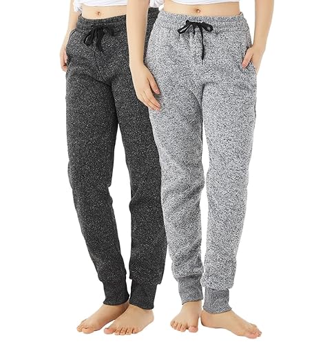 TEX2FIT 2-Pack Joggers for Women with Side Pockets, Rib Cuff Bottoms, Soft Fleece Sweatpants for Women (2pcs Set) - Light Grey / Dark Grey - Medium