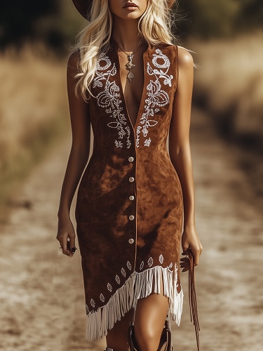 Vintage Western Paisley Brown Suede Vest Dress | Mini Dress / Brown / S