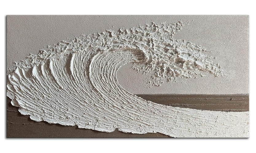 Slyart Abstract Ocean Wave Wall Art, White Textured Oil Painting on Canvas, Modern Minimalist Wall Art, Neutral Wall Decor, Relief Wall Art