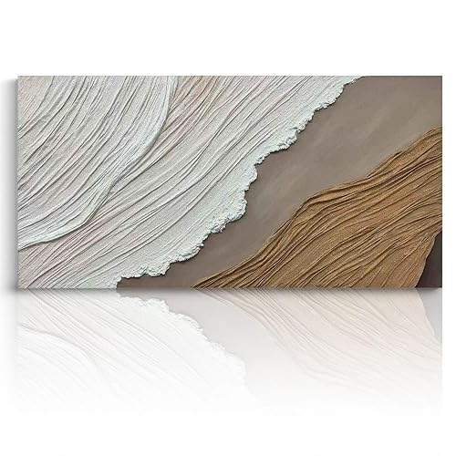 Fchen art Hand Painted Earthy And White Texture Abstract Art Oil Painting Hand-Painted Modern Art Oil On Canvas Large Wall Art Decor Landscape Painting,Living Room Wall Decor Artwork Framed 20"x40" - white and earthy - 40L" x 20W"