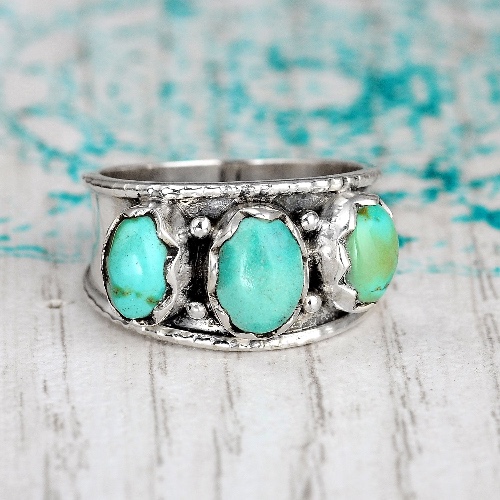 Sterling Silver Three Stone Authentic Turquoise Ring | 6