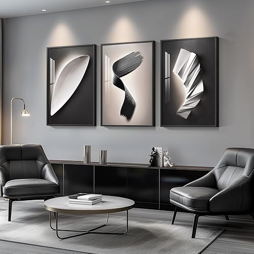 Framed Large Modern Black and White for Living Room Abstract Wall Art, Bright Style 3 Piece Wall Decor, Artwork for Walls, Canvas Paintings Pictures for Hallway, Dining, Office 24x36 Inch - 36" H x 72" W - Black and White Bright Style