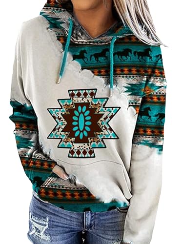 Lanaoree Women's Western Ethnic Style Print Aztec Hoodie Pullover, Cowgirl Rhombus Printed Hooded Sweatshirt S-3XL - Blue Medium
