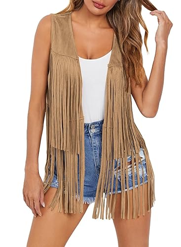 Dokotoo Womens Fringe Vest 70s Hippie Costume Sleeveless Cowgirl Western Faux Suede Tassel Leather Outerwear - Small - Khaki