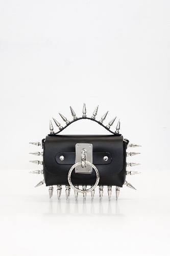 Spiked Halo Choker Bag - Mini | Black Leather / Silver
