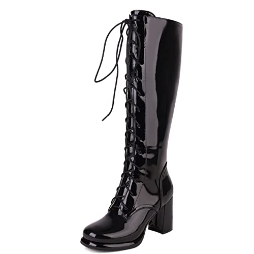 Elbslutt Women's Lace Up Knee High Boots Wide Calf Patent Leather Chunky Heeled Combat Long Boots - 12 - Black
