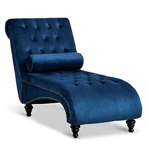 Paddie Velvet Button-Tufted Chaise Lounge Chair Leisure Sofa Couch w/Bolster Pillow, Nailhead Trim and Turned Legs for Indoor Living Room (Blue) - Blue