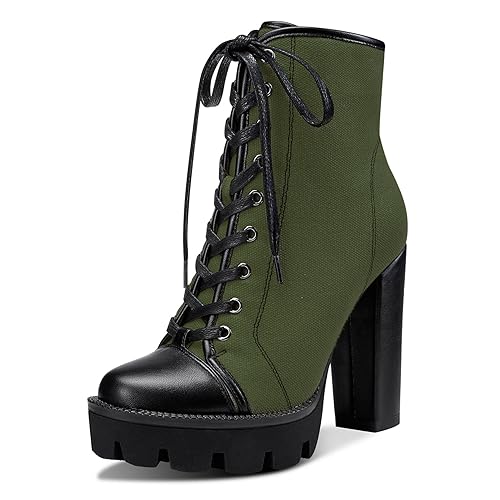 Castamere Womens High Heel Platform Lace Up Booties Chunky Heel Ankle Boots With Zipper Round Toe 12CM Heels - 12 - Deep Green