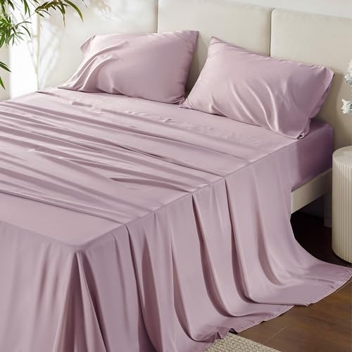 Bedsure King Size Sheet Set, Cooling Sheets King, Rayon Derived from Bamboo, Deep Pocket Up to 16", Breathable & Soft Bed Sheets, Hotel Luxury Silky Bedding Sheets & Pillowcases, Lavender - 16 - Lavender - King