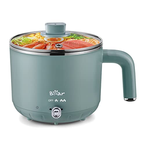 Bear Electric Hot Pot with Steamer, 1.2L Portable Pot Cooker, Stainless Steel Rapid Noodles Cooker, Mini Hot Pot Dormitory Ramen Cooker, Multifunctional Electric Cooker for Egg, Boil Dry Protection