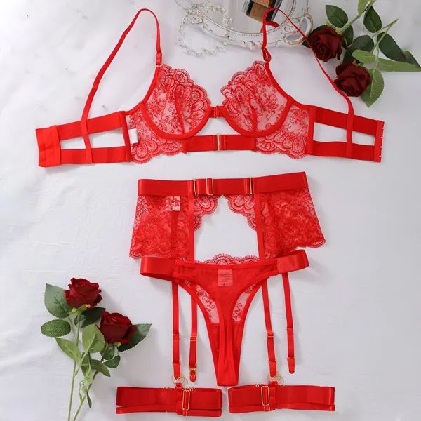 Sensuous Temptation Luxe Lace Lingerie Sets - Red / M