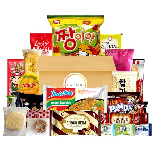 Dagaon Asian Snack Box 22 Count - Snacks from Korea, Japan, China, Indonesia, Taiwan, Vietnam, Etc. Assortment of Chip, Ramen, Biscuits, Cookies, Pies, Crackers, Candies and Much More.
