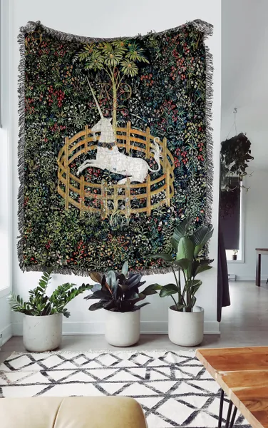 Captive Unicorn Woven Throw Blanket: Medieval Unicorn Woven Tapestry and Vintage Cotton Blanket for Cottagecore Decor and Dark Art Decor