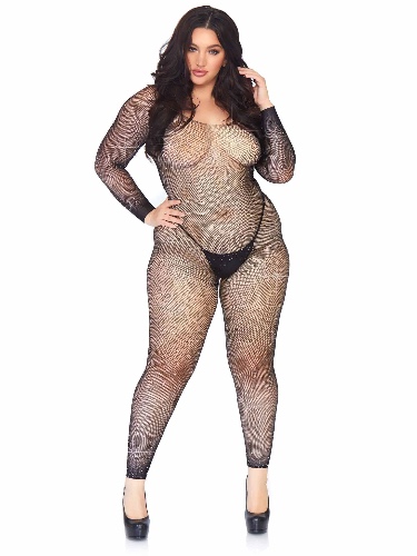 Crystalized Seamless Fishnet Long Sleeved  Bodystocking - 1x-2x - Black