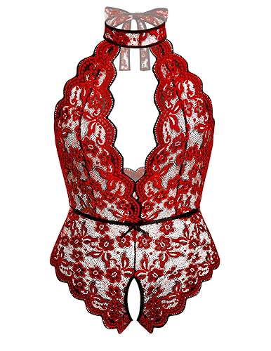Avidlove Plus Size Lingerie for Women Lace Bodysuit Halter Teddy Babydoll Nightgown 16-24 Plus - 18 Plus - Black&red1