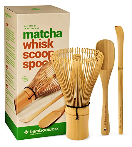 BambooWorx Matcha Whisk Set - Matcha Whisk (Chasen), Traditional Scoop (Chashaku), Tea Spoon. The Perfect Set to Prepare a Cup of Japanese Matcha Tea, Handmade from 100% Natural Bamboo - Bamboo Whisk
