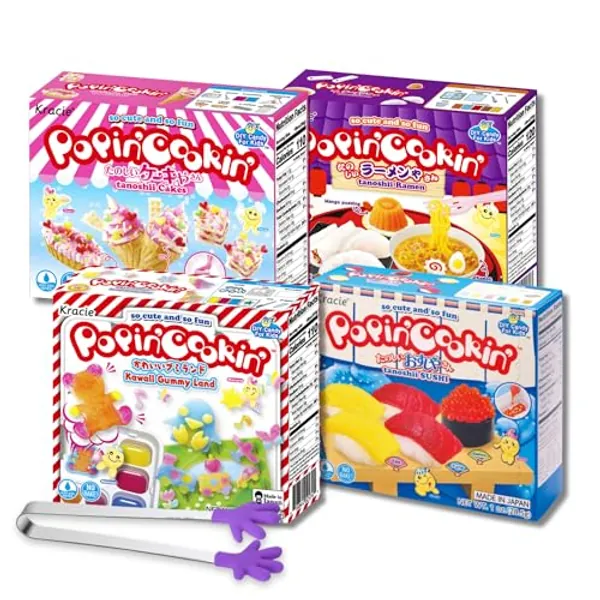 umaya Kracie Popin’ Cookin’ DIY Candy Making Kit for Kids - Tanoshii Sushi, Gummy Land, Ramen, Cake & Kids Mini Tongs (4 Pack Variety Bundle)