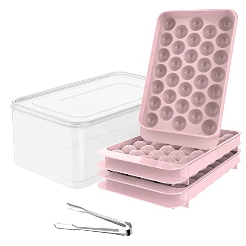 WIBIMEN Round Ice Cube Trays, Ice Ball Maker Mold for Freezer, Circle Ice Cube Tray Making 1in X 99PCS Sphere Ice Chilling Cocktail Whiskey Tea & Coffee(3Pack Pink Ice trays & Ice Bin & Ice tong) - Pink - Round