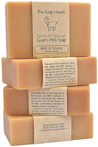 4 Goat Milk Soap Bars with Honey - Handmade in USA. All Natural Soap - Unscented, Fragrance Free, Fresh Goats Milk. Wonderful for Sensitive Skin and Babies. SLS, Paraben, GMO-Free.
