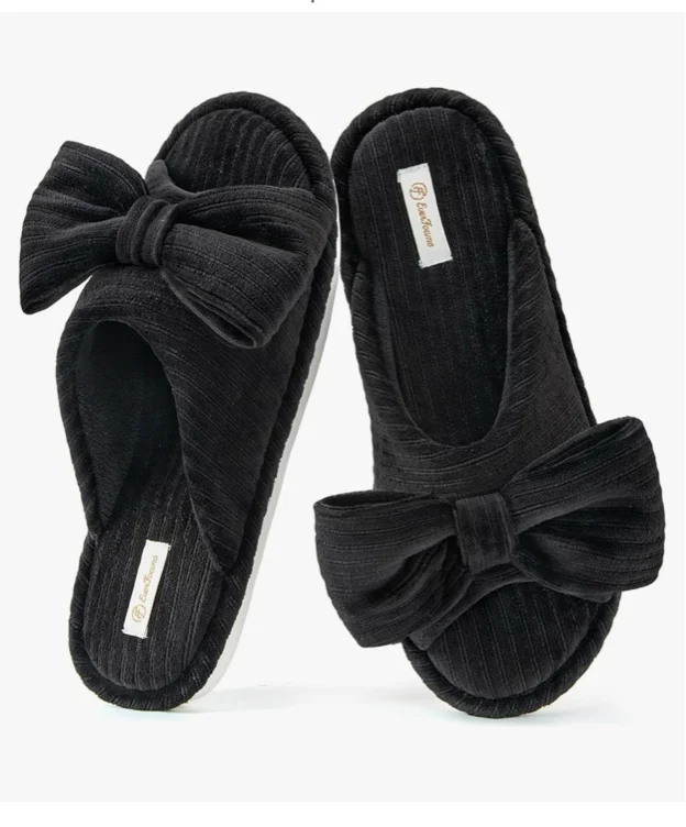 EverFoams Women's Open-Toe Bow Slippers with Memory Foam Indoor House Non-Slip Sole - 5-6 - Green Olive