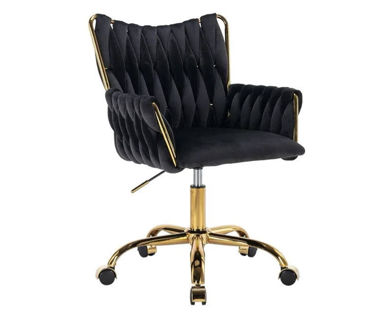 KCC Black Modern Velvet Home Office Desk Chair with Hand Woven Backrest, Upholstered Adjustable Makeup Vanity Chair with Armrest and Golden Metal Base with Wheels for Living Room Bedroom Study(Beige) - Beige 
