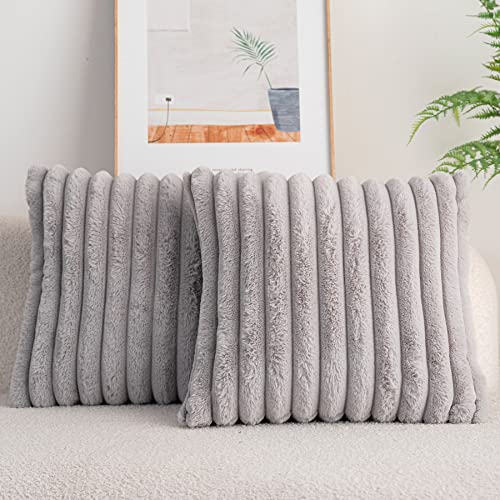 DEELAND Pack of 2 Faux Fur Plush Decorative Throw Pillow Covers Fuzzy Striped Soft Pillowcase Cushion Covers for Sofa Couch Bedroom 20x20 inch - Light Grey - 20"x20"