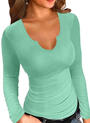 VICHYIE Womens Tops V Neck Summer Short Sleeve Casual Slim Fitted Tshirt - Long Sleeve - Small - Z-mint