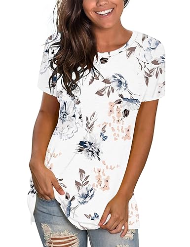 WNEEDU Womens T Shirts Short Sleeve Crewneck Loose Summer Tees Basic Tops - Small - 04 Floral White